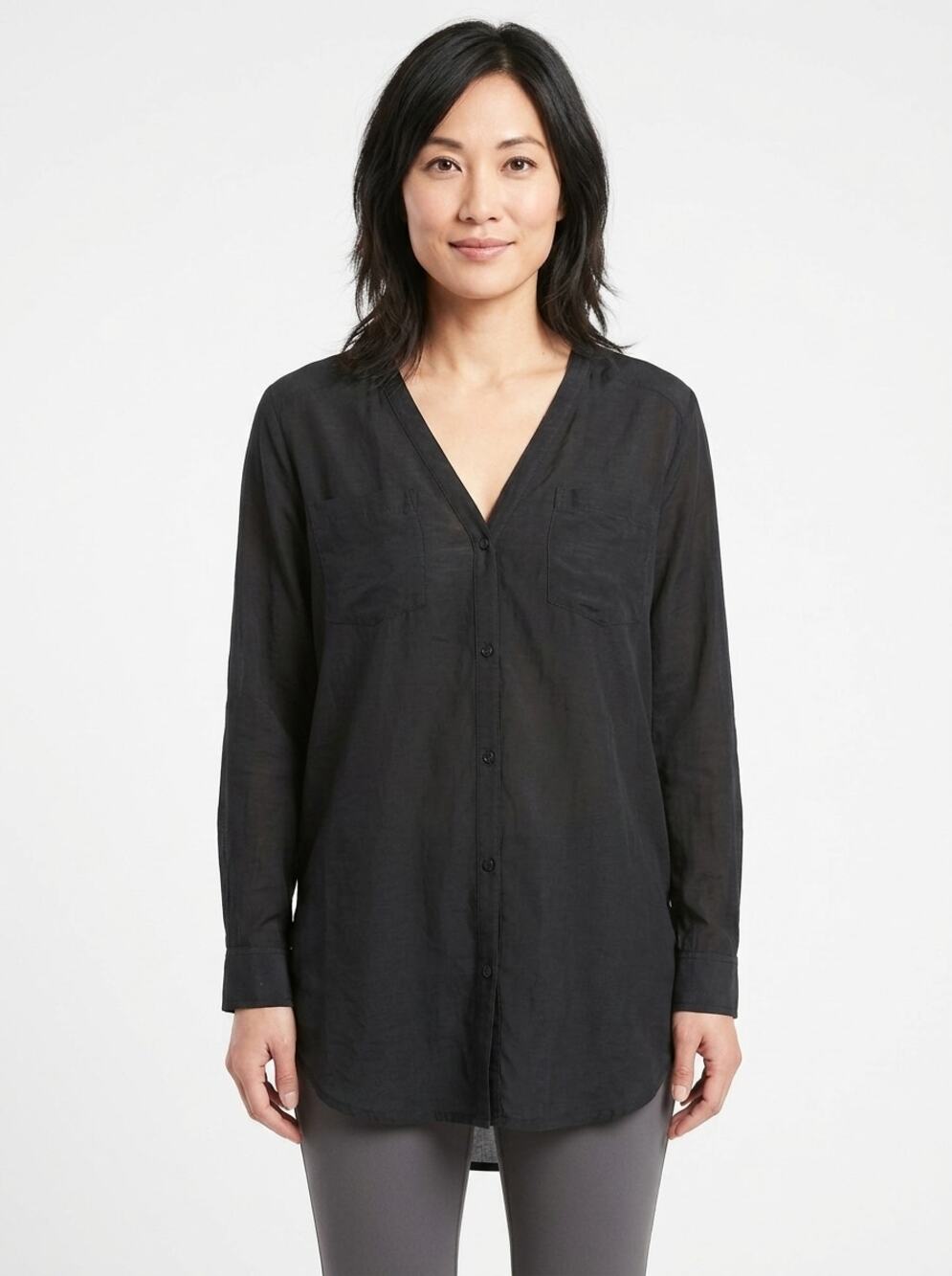 Athleta Black V-Neck Long Sleeve Tunic Top Solid Pockets Women Size S